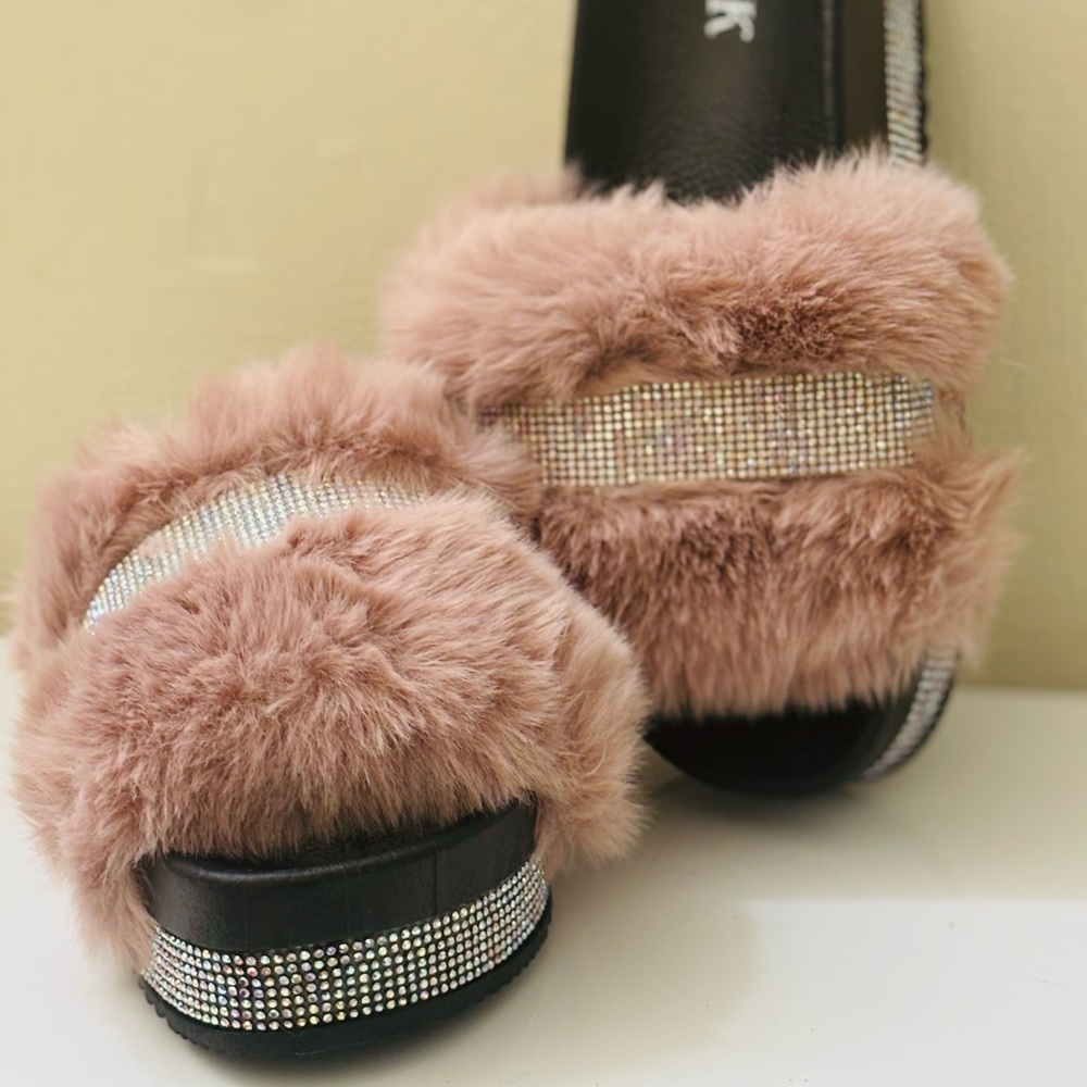 Pink Furry Slides with Rhinestone Accents